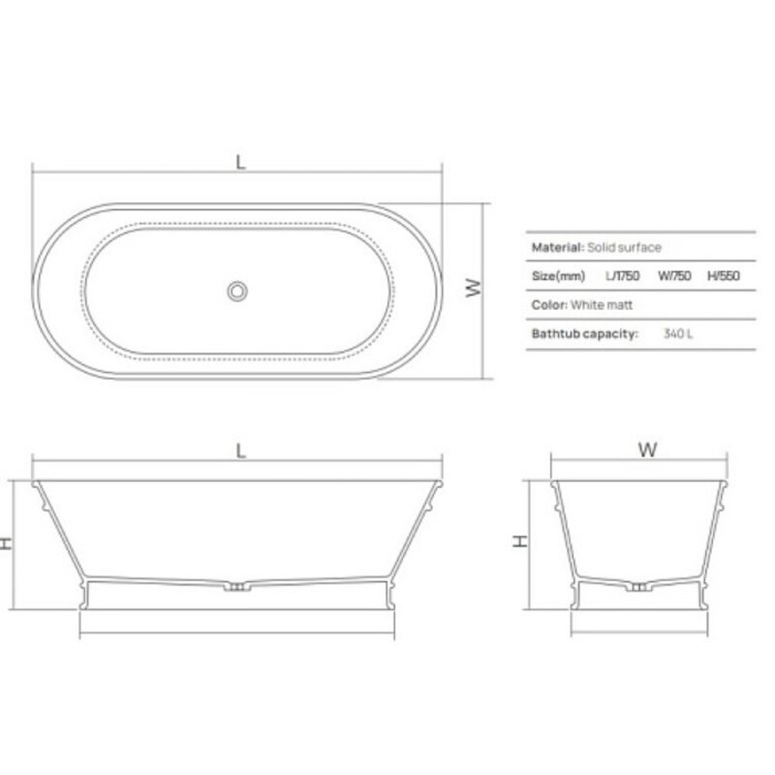Ванна искусственный камень 175 х 75 см, DEA Design Shadow, белый арт. DD8674 1750 18