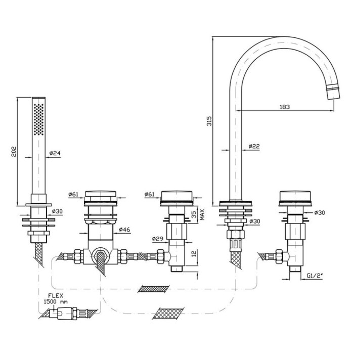 Zucchetti смеситель на борт ванны на 5 отверстий с декорированным фланцем, savoir, хром арт. zsa483.c-
