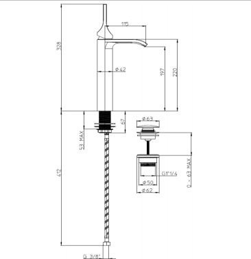 Bossini однорычажный смеситель для раковины 328 мм, с донным клапаном, apice, серый арт. e89602.045