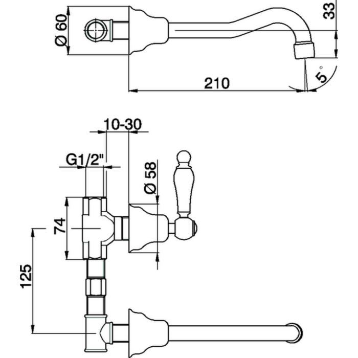 Cisal смеситель для раковины на 3 отверстия из стены, излив 210 мм ts00351021 arcana toscana, цвет: хром