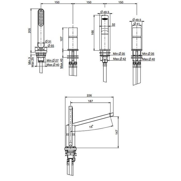 Fima Carlo Frattini смеситель на борт ванны, на 4 отв., с ручным душем, nomos go, хром арт. f4174ncr