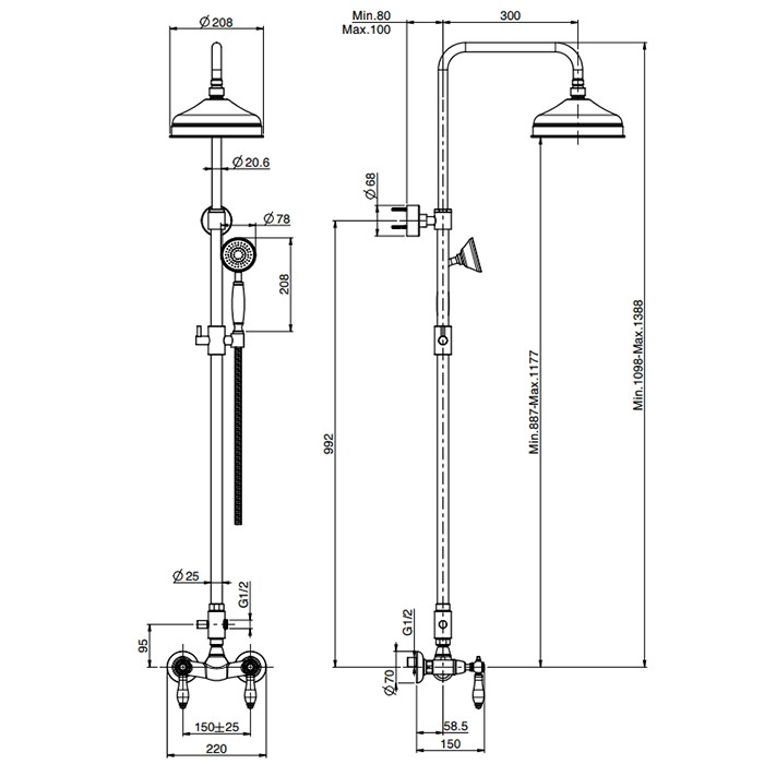 Fima Carlo Frattini душевая стойка, верхний душ 20см., со смесителем, ручным душем и держателем herend, хром арт. f5405/2cbcr