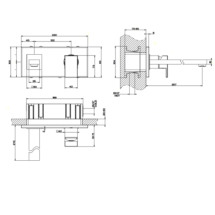 Gessi Встраиваемый однорычажный смеситель, излив 256мм, Rettangolo, 44838#031 цвет: хром