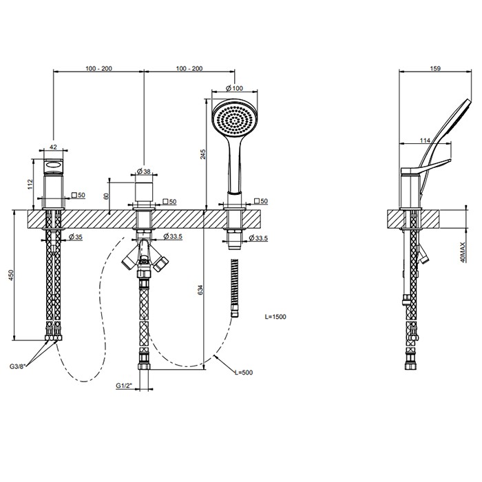 Gessi Смеситель на борт ванны на 3 отв, с убирающаяся душевой лейкой, для наполнения через слив-перелив, Rilievo, 59043#299 цвет: nero xl
