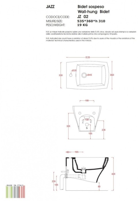 ArtCeram биде (подвесное), mrs.patternjz02 jazz цвет: белый