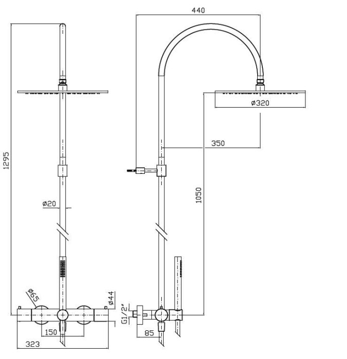 Zucchetti душевая стойка, с верхним душем 32см, термостатическим смесителем, гибким шлангом, без ручной лейки, helm, матовая нержавеющая сталь арт. zhe758.x