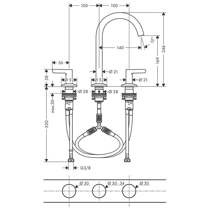 AXOR смеситель для раковины на три отверстия, One, хром арт. 48050000