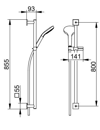 Keuco душевая штанга с квадратной розеткой 855 мм, с душевой лейкой, держателем для душевой лейки и шлангом, ixmo, хром арт. 59587 010802