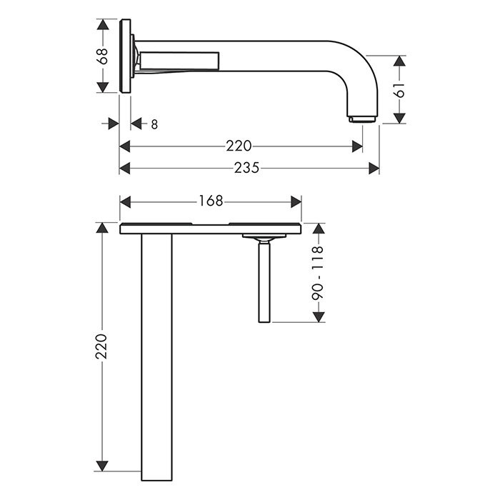 AXOR смеситель для раковины, однорычажный, настенный, с тонкой рукояткой, с изливом 220 мм, с панелью, Citterio, шлифованная медь арт. 39115950