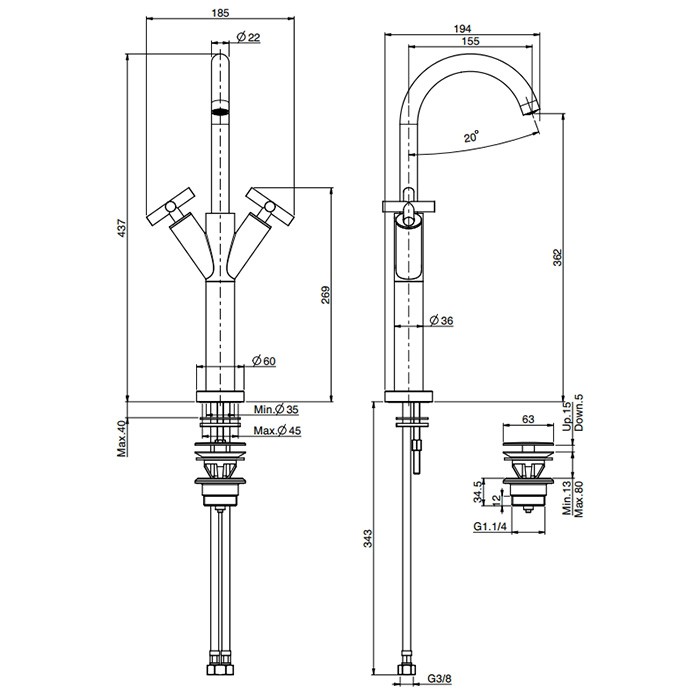 Fima Carlo Frattini смеситель для раковины, на 1 отв., высокий, h43.7см., maxima, черный арт. f5331wns