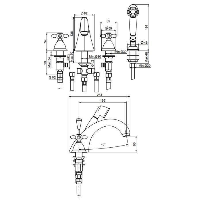 Fima Carlo Frattini смеситель на борт ванны, на 4 отв., с ручным душем, olivia, золото арт. f5014or