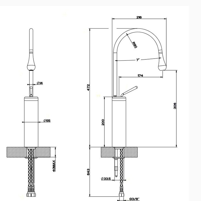 Gessi Смеситель для раковины на 1 отверстие, высокий, излив 174мм R=90, Goccia, 33608#031 цвет: хром
