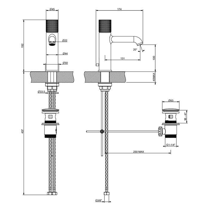 Gessi Смеситель для раковины, 1 отв., с донным клапаном, Habito Cesello, 70401#706 цвет: black metal pvd