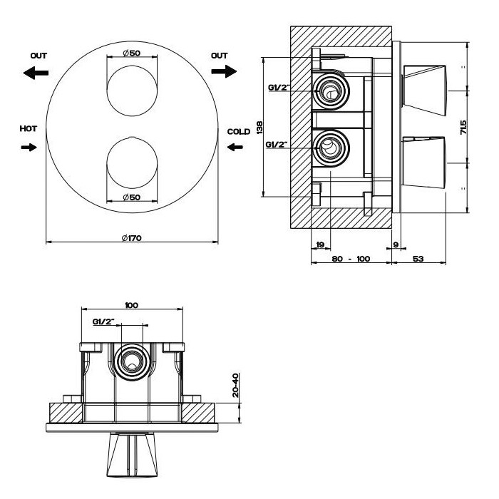 Gessi Смеситель для душа, встраиваемый, термостатический, Cono, 45134#707 цвет: black metal brushed pvd