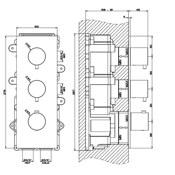 Gessi Встраиваемый термостатический смеситель на 2 источника, резьба 3/4", 316, 54514#707 цвет: brushed black metal pvd