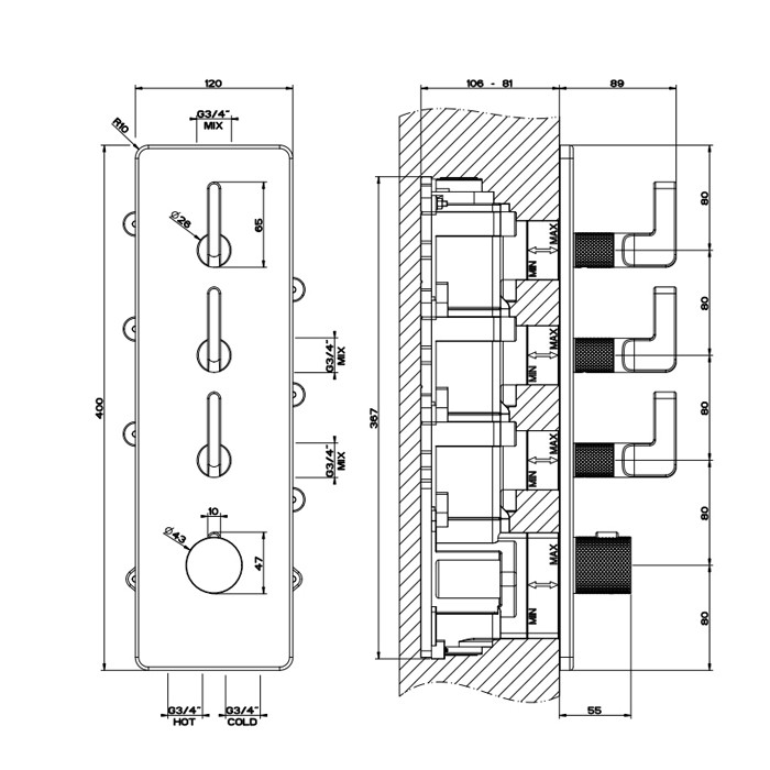 Gessi Смеситель для душа, встраиваемый, термостатический, резьба 3/4", Inciso, 58206#299 цвет: black xl