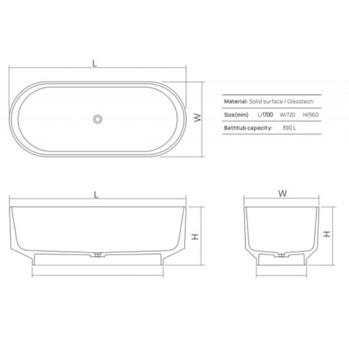 Ванна полиэфирная смола 170 х 72 см, DEA Design Shadow, smoky black арт. DD8675 1700 R4