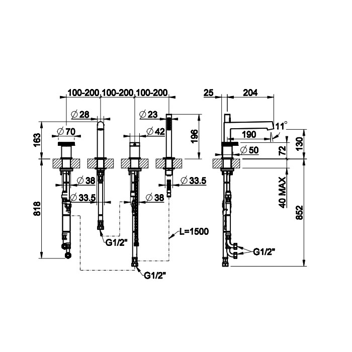 Gessi Смеситель для ванны на 4 отверстия: излив, девиатор, шланг, лейка, Anello, 63337#031 цвет: хром