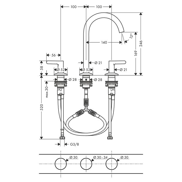 AXOR смеситель для раковины на три отверстия, One, шлифованная медь арт. 48050950