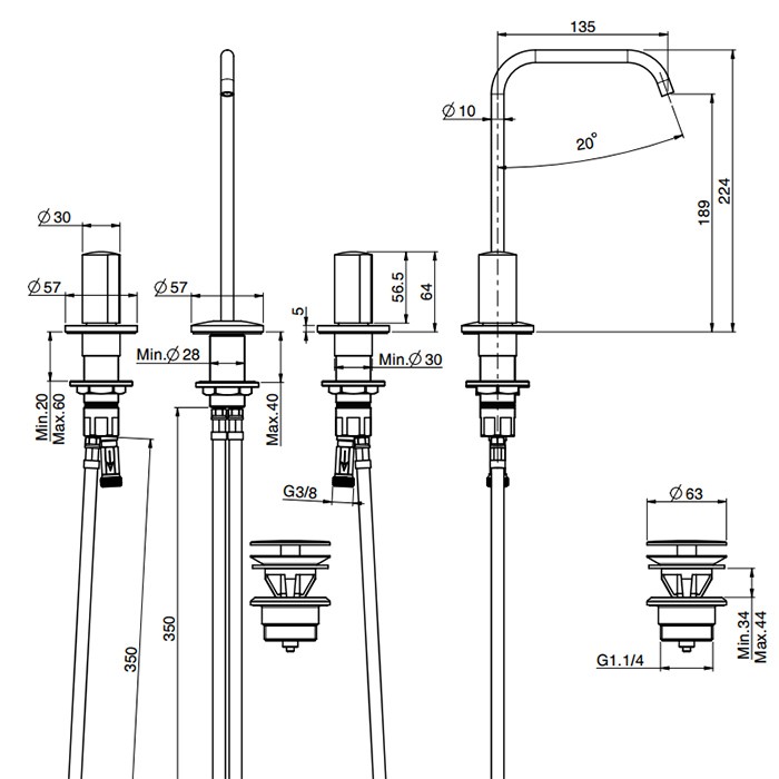 Fima Carlo Frattini смеситель для раковины, на 3 отверстия, вращающийся излив d10 мм., с донным клапаном click-clack, so, хром арт. f3191acr s4cr