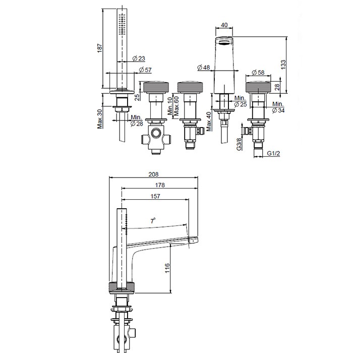 Fima Carlo Frattini смеситель на борт ванны, ручки "h", с ручным душем и шлангом, texture collection, черный арт. f5614hns