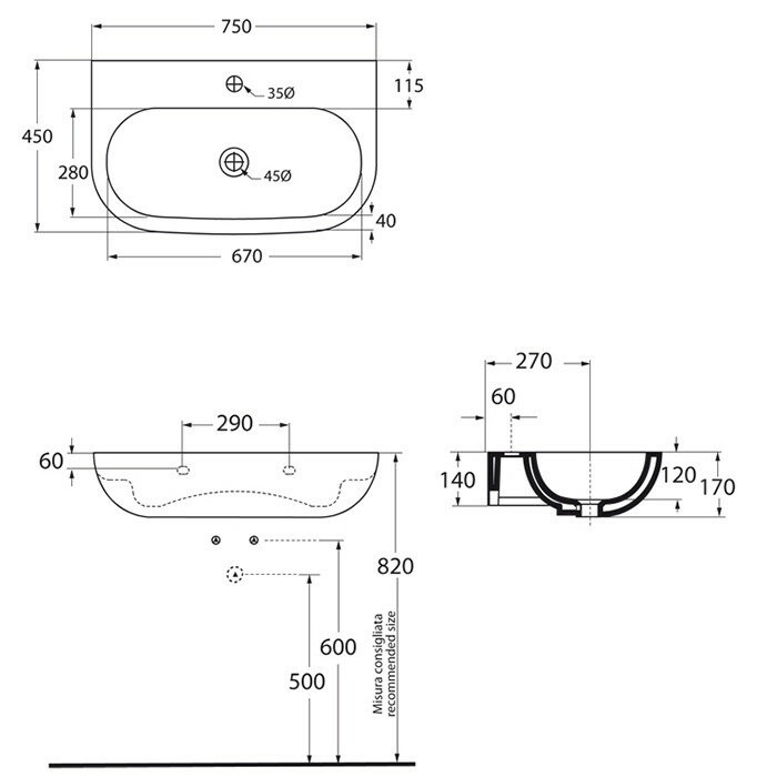 Azzurra Раковина 45x75 NUVOLA, NULS07545T0MBI/(NUV200/75 bi)*1 цвет: белый