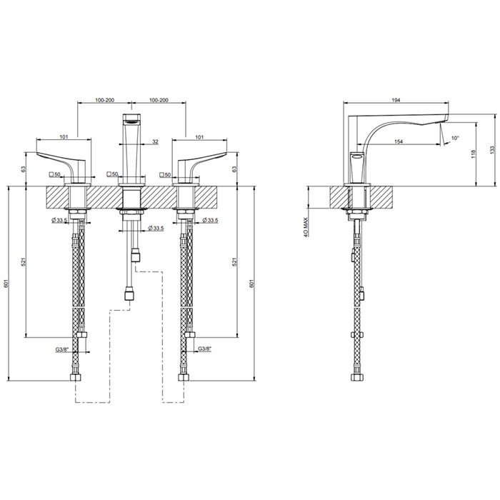 Gessi Смеситель для раковины на 3 отв. без донного клапана h=125мм, излив 154мм, Rilievo, 59012#031 цвет: хром
