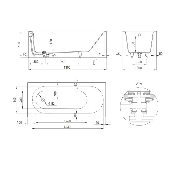 Salini ванна пристенная 180x80, fabia, 102612mrh цвет: матовый белый
