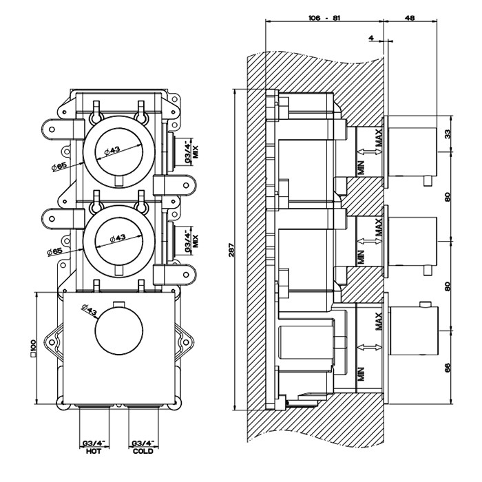 Gessi Встраиваемый термостатический смеситель на 2 источника, резьба 3/4", 316, 54504#707 цвет: brushed black metal pvd