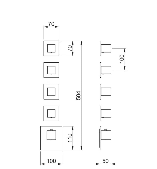 Внешняя часть термостатического смесителя с 4-мя запорными вентилями, Almar SQUARE, E180024.HB цвет: латунь брашированная PVD