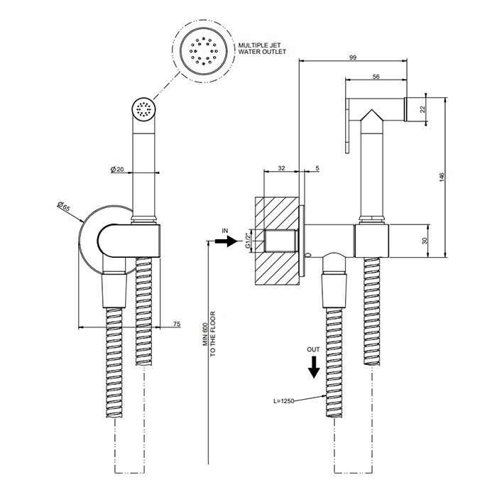Gessi Гигиенический душ, шланг 125см, Eleganza, 45126#149 цвет: finox brushed nickel