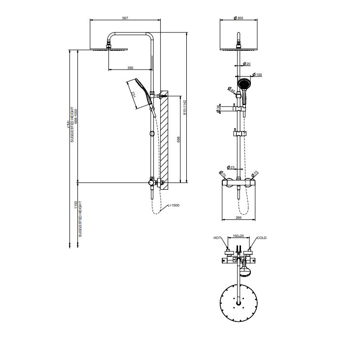 Gessi Душевая стойка с термостатическим смесителем, верхним душем d30см., ручным душем и шлангом 150см., Minimalistic Shower, 35177#031 цвет: хром