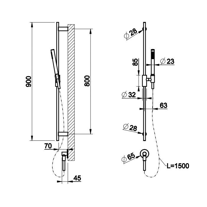 Gessi Штанга в комплекте с душевой лейкой, шланг 1,50 м и вывод воды, Ingranaggio, 63582#031 цвет: хром