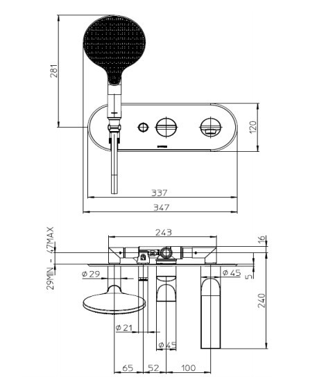 Bossini наружная часть смесителя для ванны c изливом, верхним душем и шлангом, apice, серый арт. z00557.045