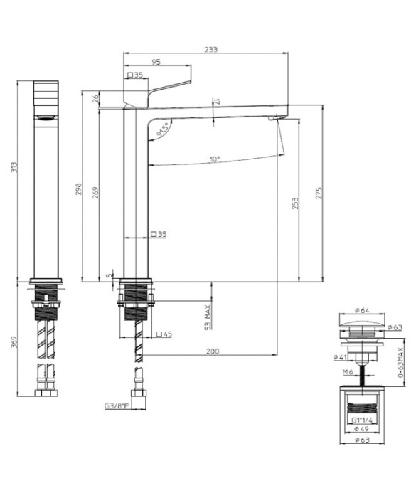 Bossini высокий однорычажный смеситель для раковины c донным клапаном, aki, никель арт. z00709.094