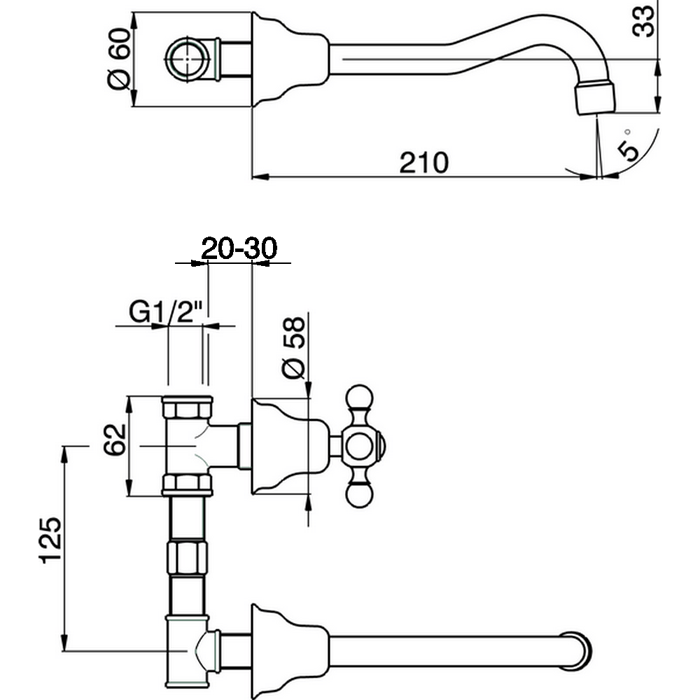 Cisal смеситель для раковины на 3 отверстия из стены, излив 210 мм ac00351021 arcana, цвет: хром