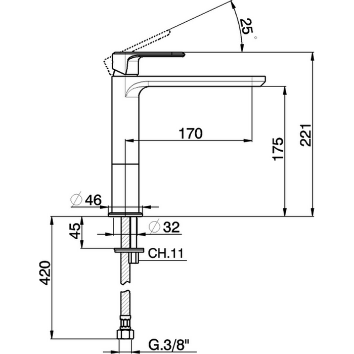 Cisal смеситель однорычажный для раковины на 1 отверстие, высокий h175 мм, без донного клапана lv00150021 lineaviva, цвет: хром