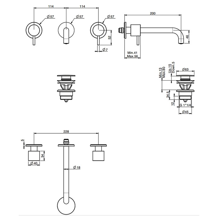 Fima Carlo Frattini смеситель для раковины, встраиваемый, излив: 20см, с донным клапаном, внешняя часть, spillo up, черный арт. f3161l/5ns