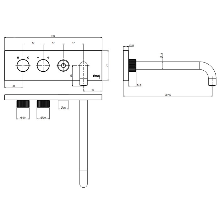 Fima Carlo Frattini смеситель для раковины, встраиваемый, с кнопкой on/off, switch, нержавеющая сталь арт. f5951lx5/180sinox