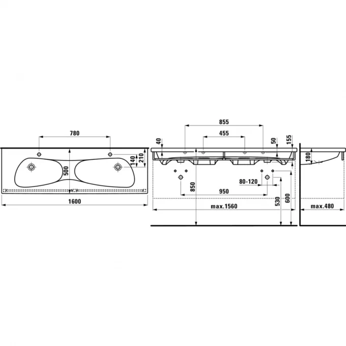 LAUFEN раковина-столешница 1600x500 с покрытием lcc, без отверстий, PALOMBA - 8.1480.9.400.109.1