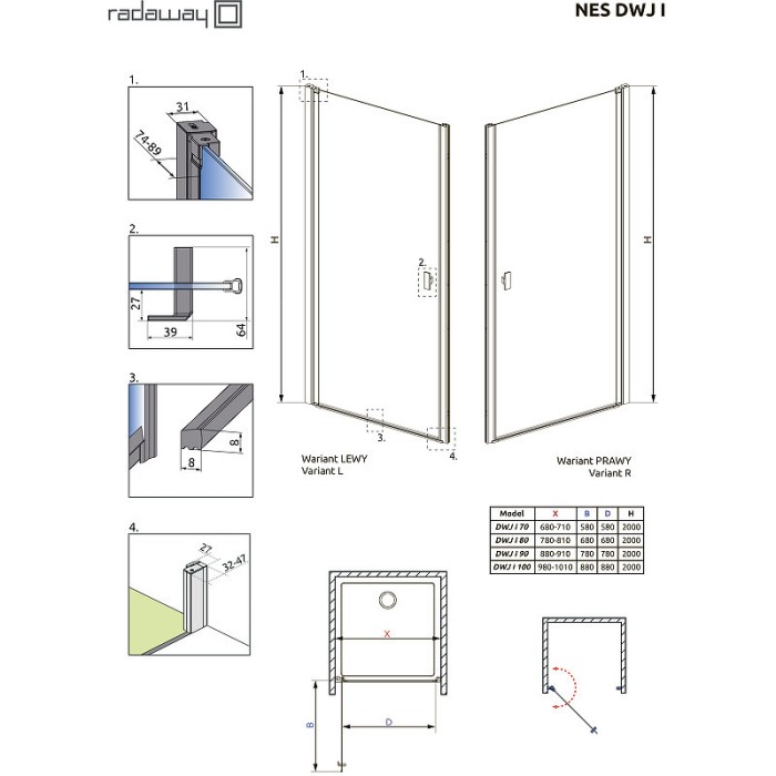 Radaway душевая дверь black dwj i 100 r профиль черный стекло прозрачное, Nes - 10026100-54-01R