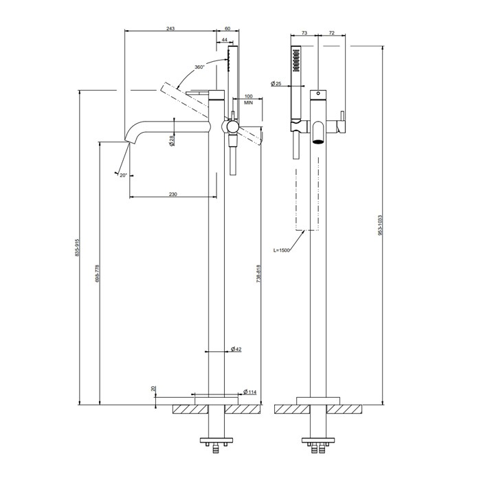 Gessi Смеситель для ванны, напольный, с душевой лейкой, 316, 54028#299 цвет: black xl