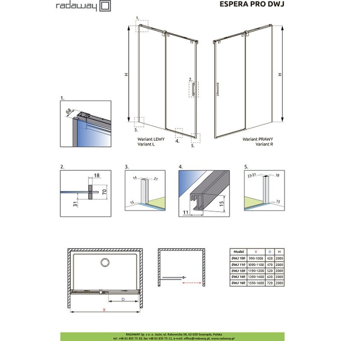 Radaway душевая стенка pro dwj 56 l фронтальная профиль хром стекло прозрачное, Espera Pro - 10091120-01-01L