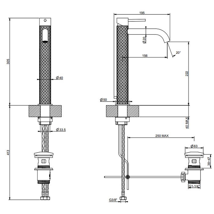 Gessi Смеситель для раковины на 1 отв. с донным клапаном, h:305мм, излив: 156мм, 316, 54103#707 цвет: brushed black metal pvd