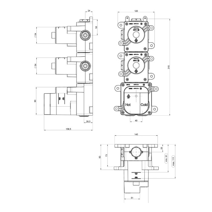 Встраиваемая часть термостатического смесителя с 2-мя запорными вентилями, Almar High Flow, E176002 цвет: черный матовый