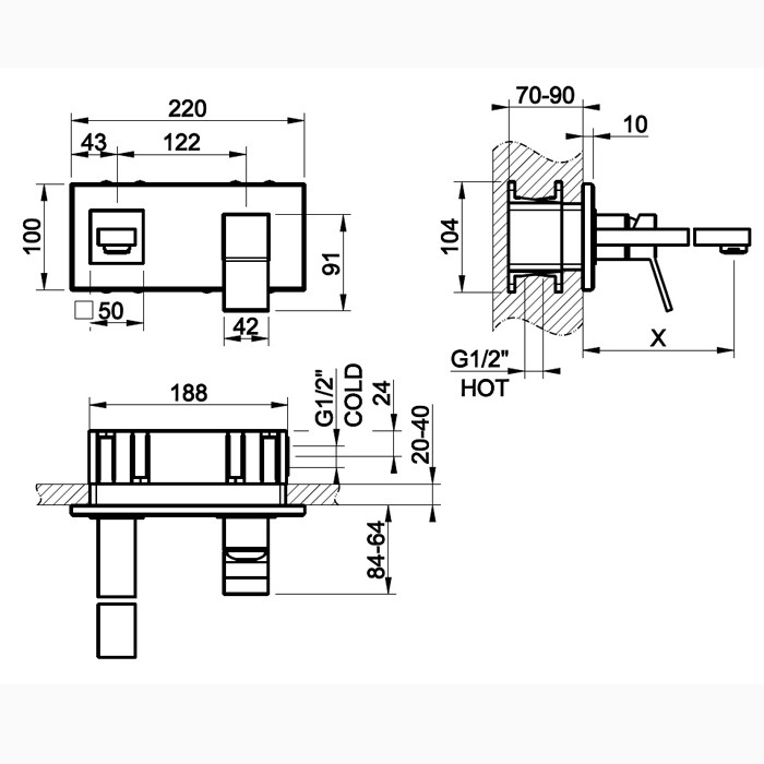 Gessi Встраиваемый однорычажный смеситель для раковины с индивидуальной длиной излива (70-300мм), Rettangolo, 53084#031 цвет: хром