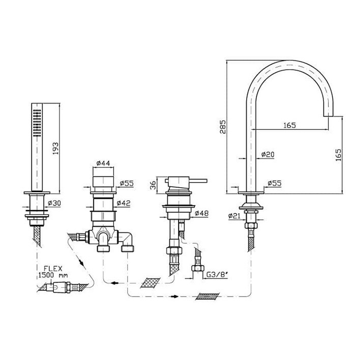 Zucchetti смеситель на борт ванны, на 4 отв., с ручным душем, helm, нержавеющая сталь арт. zhe508.x