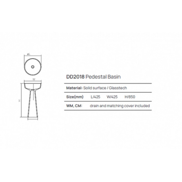 Раковина напольная d425хh850 мм, полиэфирнаясмола, выпуск в пол, Dea Design Pedestal Basin, emerald арт. DD2018 425 R3