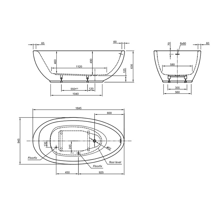 Knief ванна отдельностоящая 185x95x63.5см., со щелевым переливом, Boat, 0100-259 0100-091-06 цвет: белый