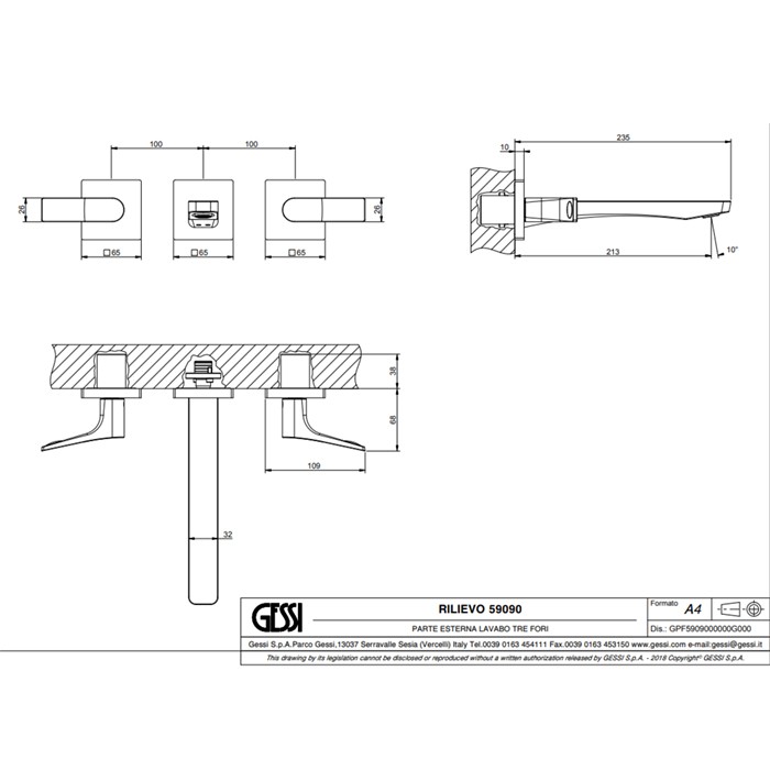 Gessi Встраиваемый смеситель для раковины на 3 отв, с изливом 213мм, Rilievo, 59090#031 цвет: хром